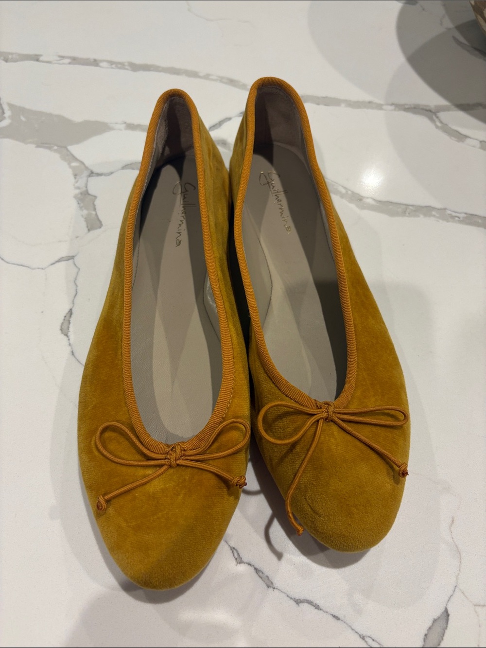 Suede Bow Ballet Flats in Ochre - Designer Style